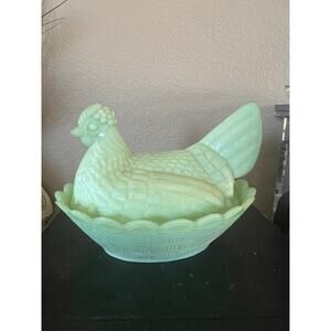 Vintage Jadeite Green Glass Hen on Nest Candy Dish Basket Base 6"x8"